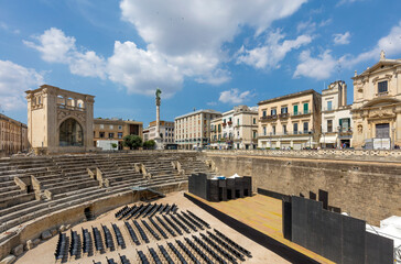 panoramic view of Roman Amphiteatre in Sant Oronzo square in Lecce, Italy. Built in the 2nd...