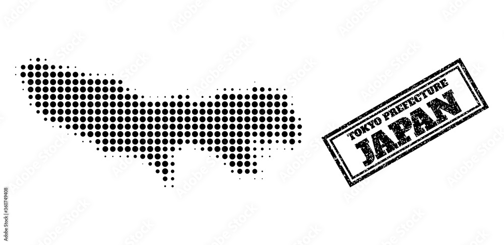 Poster halftone map of tokyo prefecture, and unclean seal. halftone map of tokyo prefecture designed with s