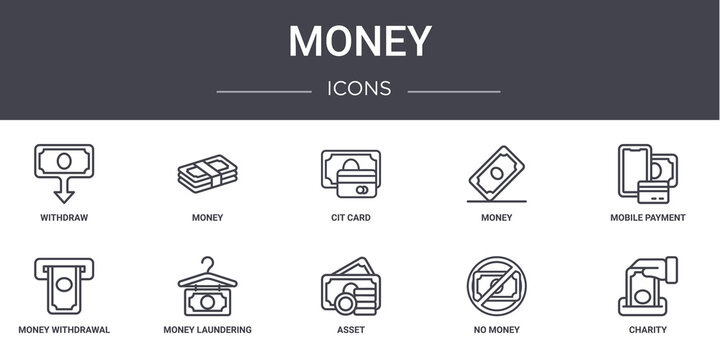money concept line icons set. contains icons usable for web, logo, ui/ux such as money, money, withdrawal, asset, no charity, mobile payment, cit card