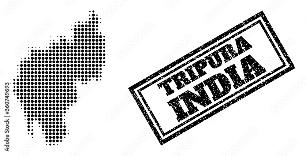 Poster halftone map of tripura state, and dirty seal stamp. halftone map of tripura state designed with sma