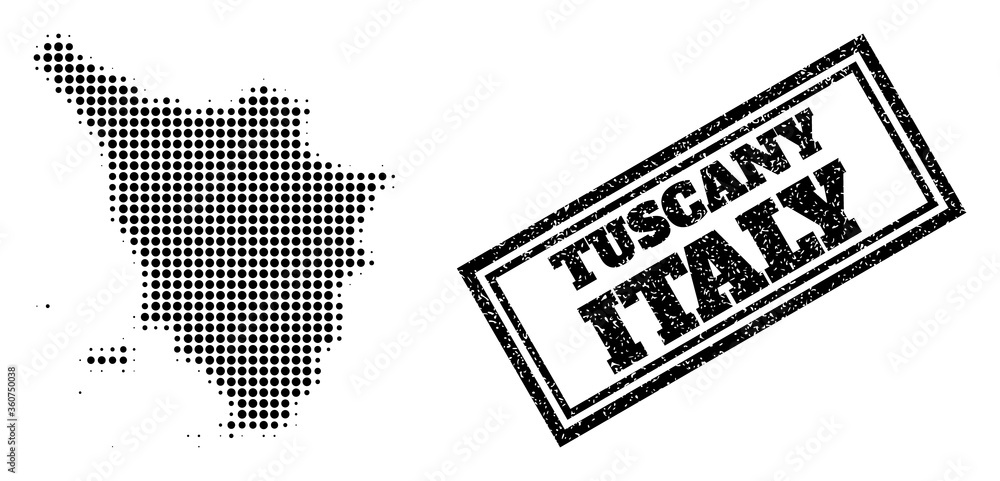 Poster halftone map of tuscany region, and dirty seal. halftone map of tuscany region made with small black