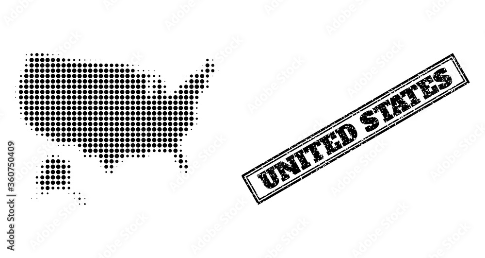 Poster halftone map of usa and alaska, and textured watermark. halftone map of usa and alaska constructed w