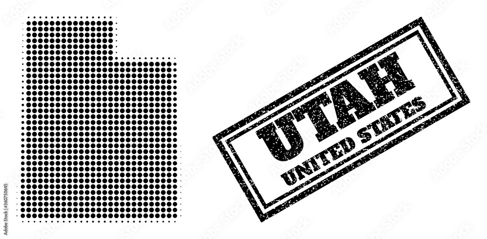 Poster halftone map of utah state, and scratched watermark. halftone map of utah state designed with small 