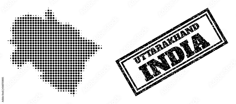 Poster halftone map of uttarakhand state, and scratched seal. halftone map of uttarakhand state constructed
