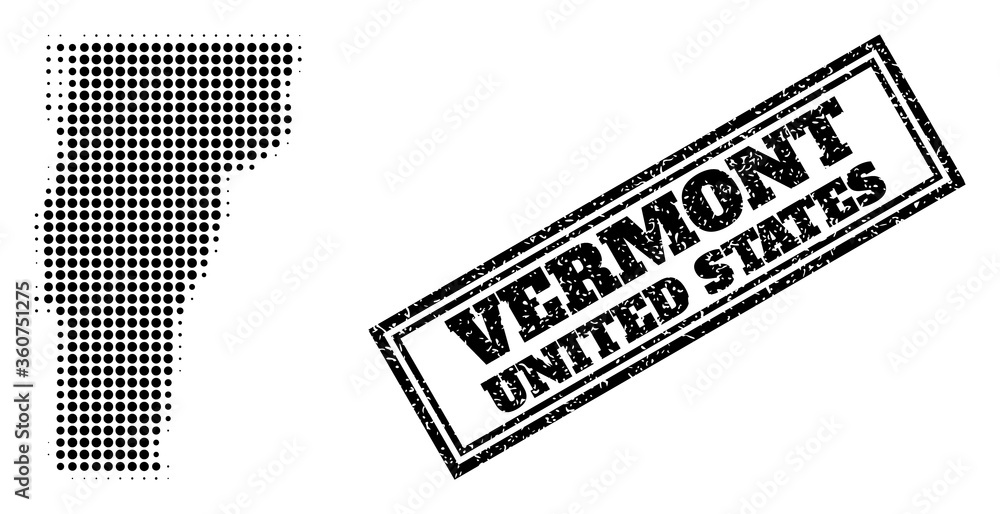 Poster halftone map of vermont state, and scratched seal stamp. halftone map of vermont state constructed w