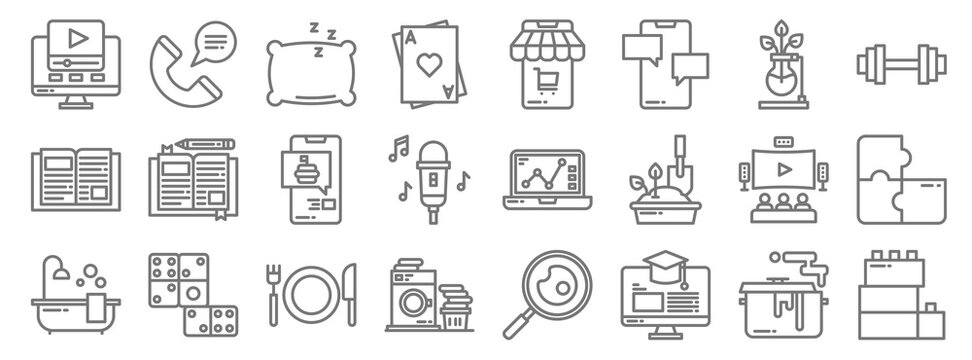 Stay At Home Line Icons. Linear Set. Quality Vector Line Set Such As Block, E Learning, Washing Machine, Bathing, Home Theater, Food Delivery, Dumbell, Online Shopping, Calling