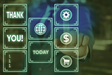 Word writing text Thank You. Business photo showcasing polite expression to acknowledge a gift,...