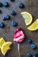 Lemon frozen yogurt with blueberry sauce