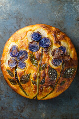 Focaccia with blue potatoes