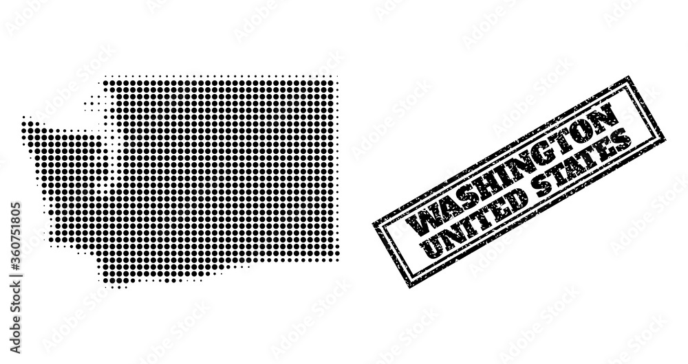 Poster halftone map of washington state, and textured seal stamp. halftone map of washington state made wit
