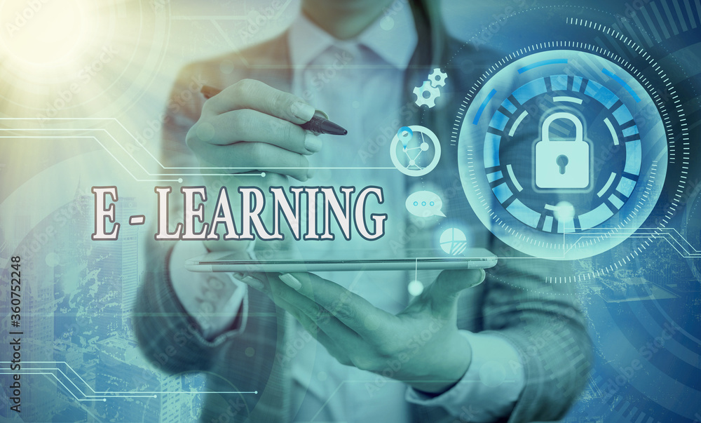 Poster word writing text e learning. business photo showcasing training through electronic media usually ov