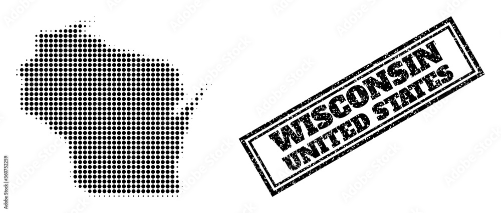 Poster halftone map of wisconsin state, and unclean stamp. halftone map of wisconsin state generated with s
