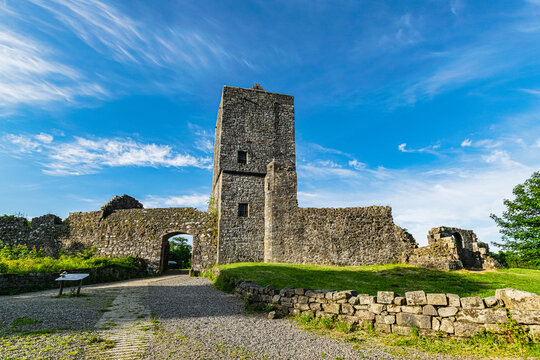 Ruins of 13th century Mugdock Castle, the stronghold of the Clan Graham in Mugdock Country Park, Scotland.