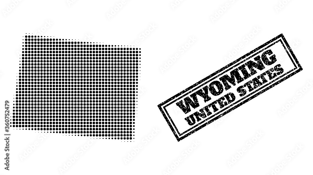 Poster halftone map of wyoming state, and scratched seal stamp. halftone map of wyoming state constructed w
