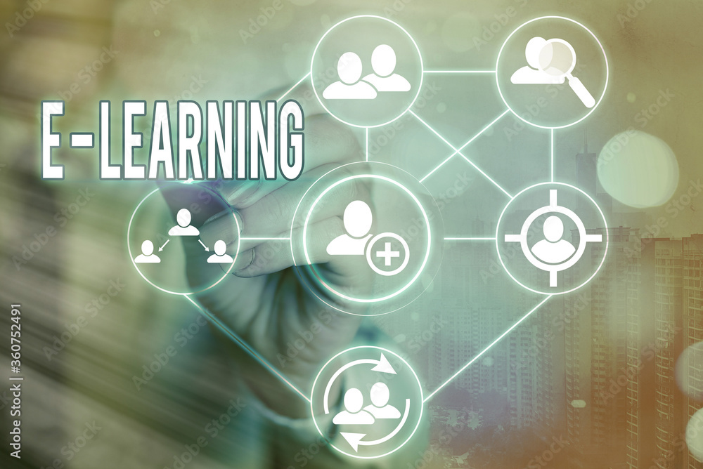 Aufkleber writing note showing e learning. business concept for training through electronic media usually over