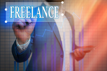 Text sign showing Freelance. Business photo showcasing working at different firms rather than being...