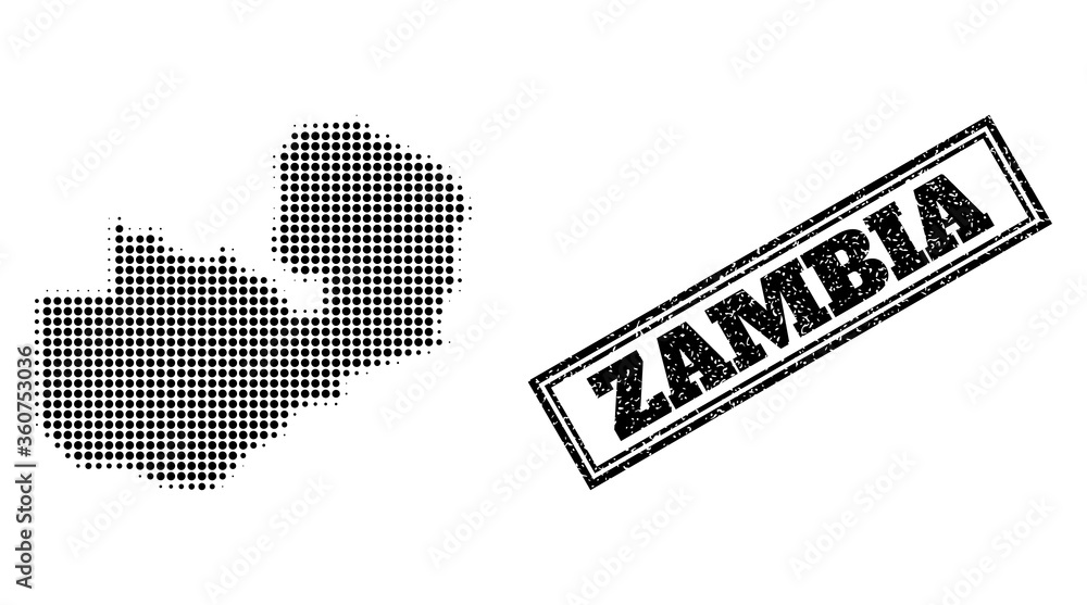 Poster halftone map of zambia, and unclean watermark. halftone map of zambia designed with small black roun