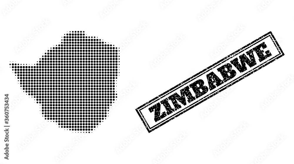 Poster halftone map of zimbabwe, and unclean watermark. halftone map of zimbabwe designed with small black 
