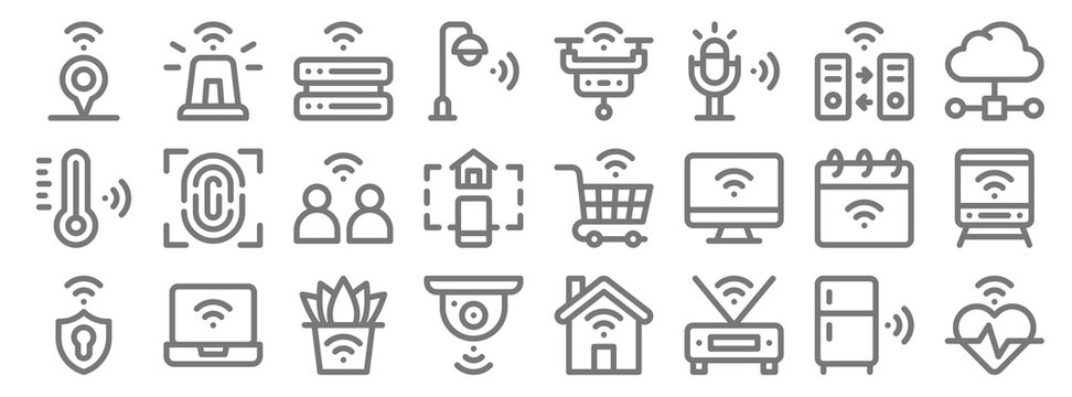 Internet Of Things Line Icons. Linear Set. Quality Vector Line Set Such As Heartbeat, Wifi, Cctv, Shield, Calendar, Network, Network, Smart Drone, Siren