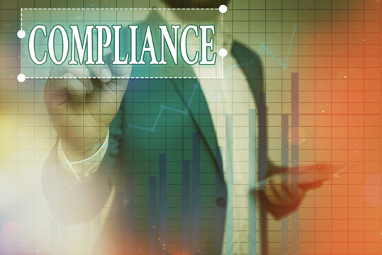 Text sign showing Compliance. Business photo showcasing the action or fact of complying with a wish or commands Ascending growth trends movement performance financial chart status report