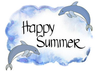 Summer background, happy summer. Water with jumping dolphins.