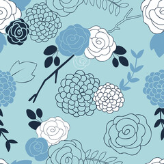 Floral Roses Twigs Seamless Vector Repeat Pattern - 360754681