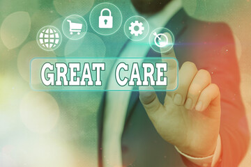 Handwriting text Great Care. Conceptual photo giving attention, consideration, love, and comfort...