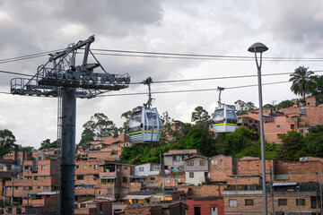 Medellin, Antioquia / Colombia. October 28, 2018. Line M of the Medellín Metro is a cable car line used as a medium-capacity mass transportation system. It was inaugurated on February 28, 2019.