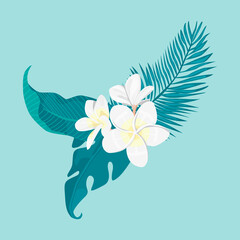 Fototapeta na wymiar set of tropical palm leafs and flowers of plumeria and hibiscus vector