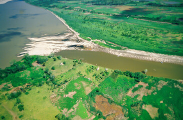 Aerial view of the Solimões river with sand banks near Manacapuru City, Amazonas State, Brazil.