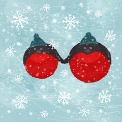 Two bullfinches staying together on ice rink and watching. Cute adorable illustration of cold winter time with snowflakes around. Holiday and christmas concept. Happy friends in childish style