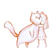 Cute adorable illustration with girl hugs big cat in childish doodle style. Displeased angry catdoes't like hugs. Sketch pencil hand drown kawaii illustration. For design, concept, poster, book