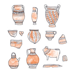 Creece amphora illustration set. Ancient greek bowls, bull and vases with patterns set in doodle style. Antique symbols hand drawn line sketch artwork. For t-shirt, poster, banner, books, travel blog