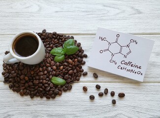 Structural chemical formula of caffeine molecule with roasted coffee beans and a cup of coffee. Caffeine is a central nervous system stimulant, psychoactive drug molecule.