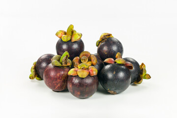 Mangosteens Queen of fruits, group of mangosteen on white background
