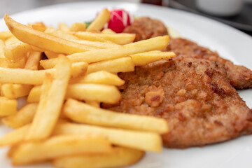Wiener Schnitzel with French fries and a side salad