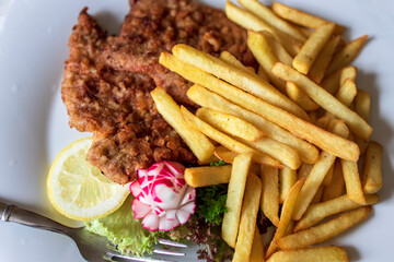 Wiener Schnitzel with French fries and a side salad