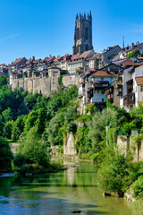 The medieval town centre of Fribourg (Freiburg) situated on a rocky outcrop high above the River...