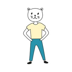 A man with a cat's head is standing.