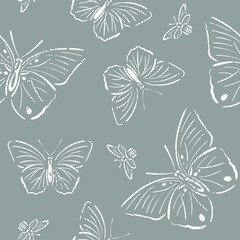 Cute insects - butterflies, bumblebee. Seamless pattern beetles. White graphic lines, cartoon sketch, abstract. Design elements for logo, cards, stickers, fabric and textile. Gray isolated background.