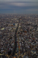 Tokyo city at night, the vast metropolis  spreads out  to the horizon as viewed from the Skytower