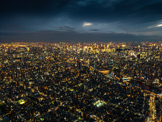Tokyo city at night, the vast metropolis  spreads out  to the horizon as viewed from the Skytower