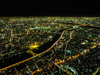 Tokyo city at night, the vast metropolis  spreads out  to the horizon as viewed from the Skytower