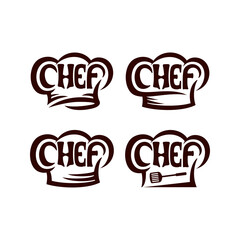 Set of Chef lettering with chef hat logo vector. Chef typography, sketch style logo design template.