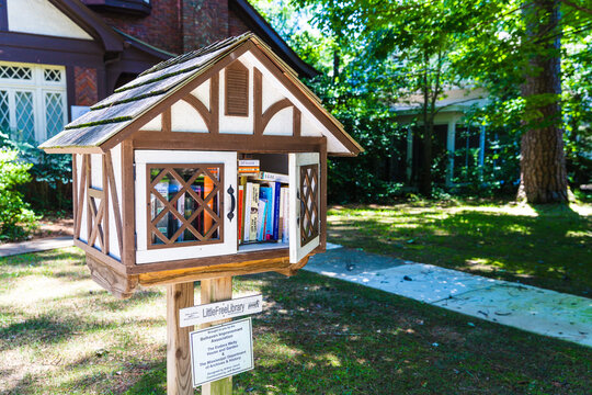 Little Free Library near the Eudora Welty House, with door open, in Belhaven Neighborhood in Jackson, MS