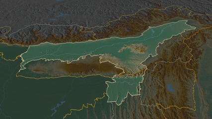 Assam, India - outlined. Relief