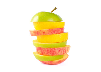 Stack of sliced fruit with apple and lemon on white background. Concept of healthy eating and lifestyle.