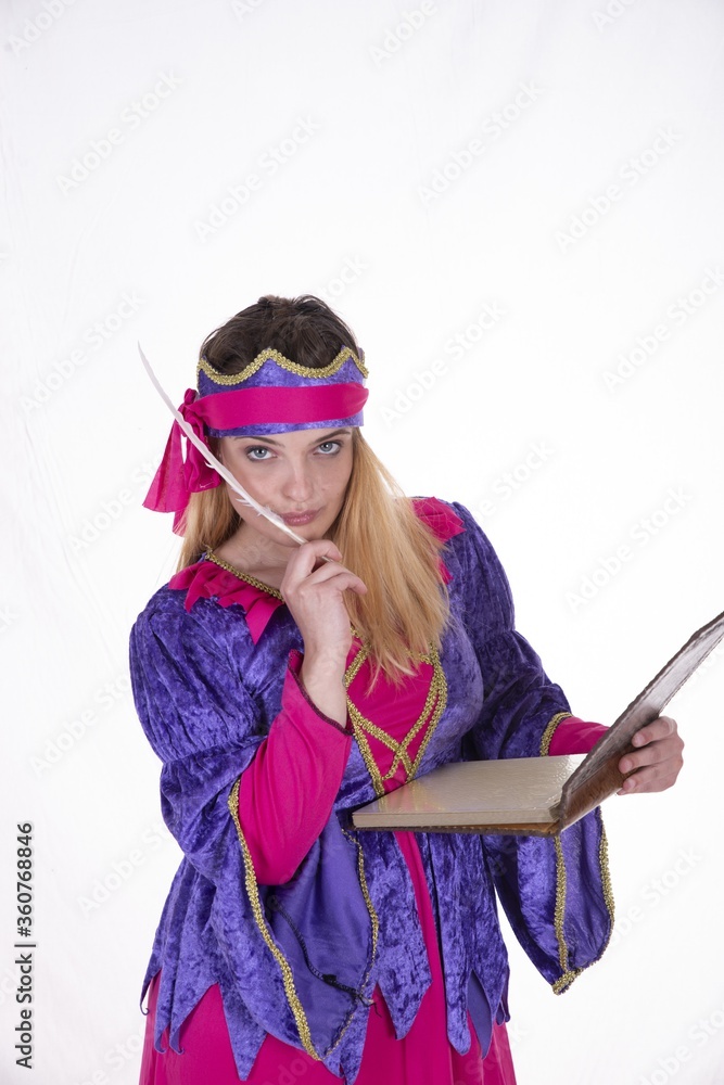 Poster female in a pink and purple medieval costume posing with a book and a plume