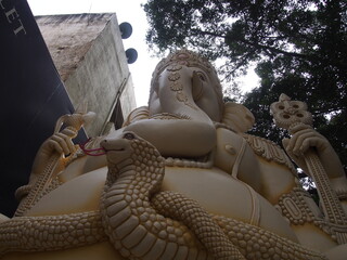 Looking up at the giant statue of Ganesh from below, Shivoham Shiva Temple, Bangalore, Karnataka, South India, India