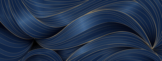 Abstract Luxury Wavy Pattern. Blue and Golden deluxe background. 3D Vector Illustration